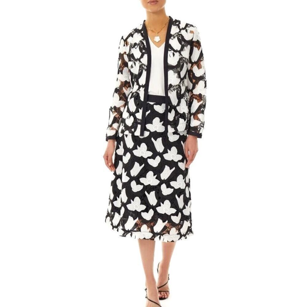 Ming Wang Openwork Floral Lace Monochrome Skirt Set Elegant Old Money S/M
